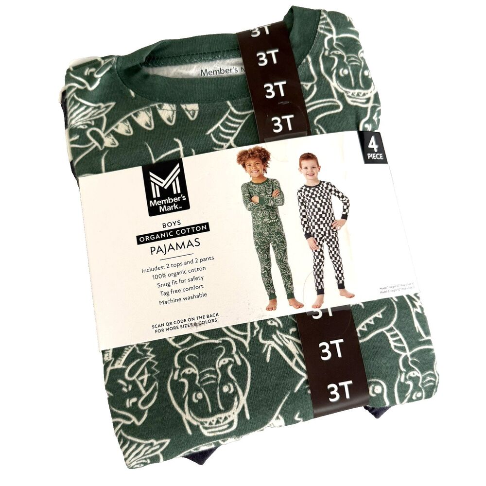 Members Mark Toddler Boys 3T Dinosaur Race Flag  Pjs 4pc 100% Organic Cotton NEW